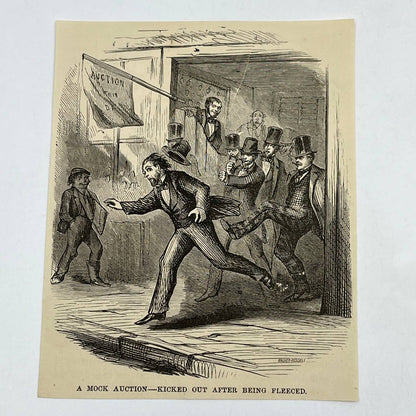 1880s Original Art Print Engraving A Mock Auction Kicked Out New York ~4x5" AC9