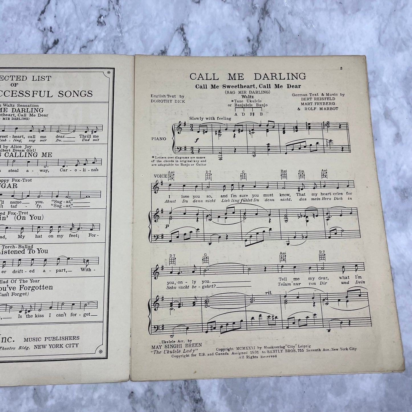 1931 CALL ME DARLING (Call Me Sweetheart) Sheet Music by Reisfeld V42-4