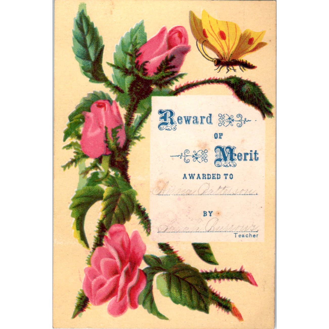 1880s Victorian Trade Card Reward of Merit Anna Patterson Butterfly Roses SF2