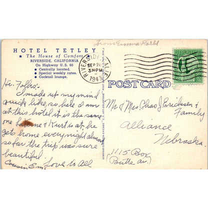 Hotel Tetley Riverside California 1943 - Original Postcard TJ7-RP2