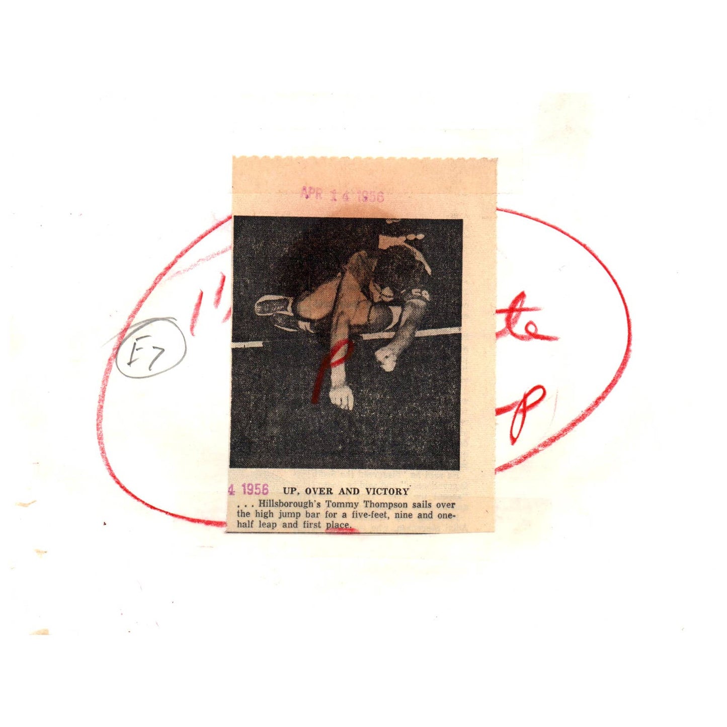 1956 Press Photo Track and Field High Jump Tommy Thompson Hillsborough ~6x8" AD2