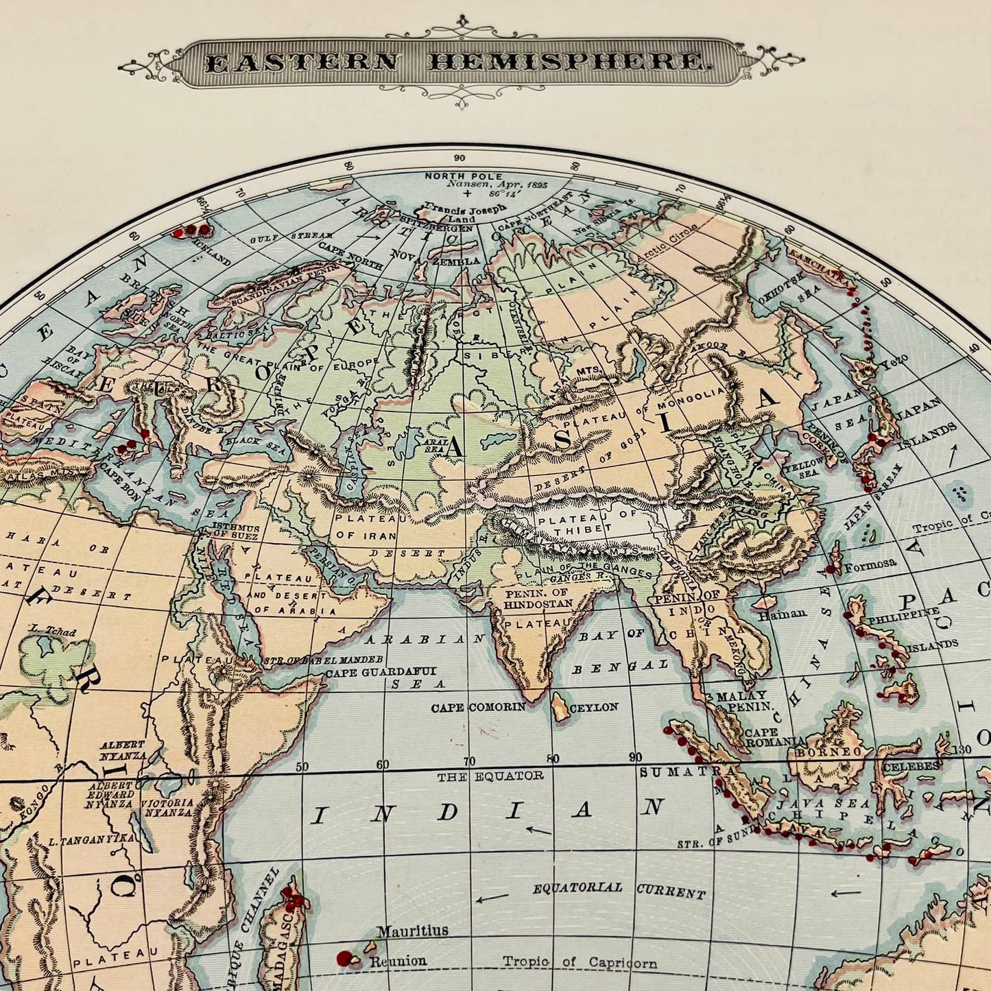 1896 Harper’s School Geography Physical Map of EASTERN HEMISPHERE Color 9x12 FL1