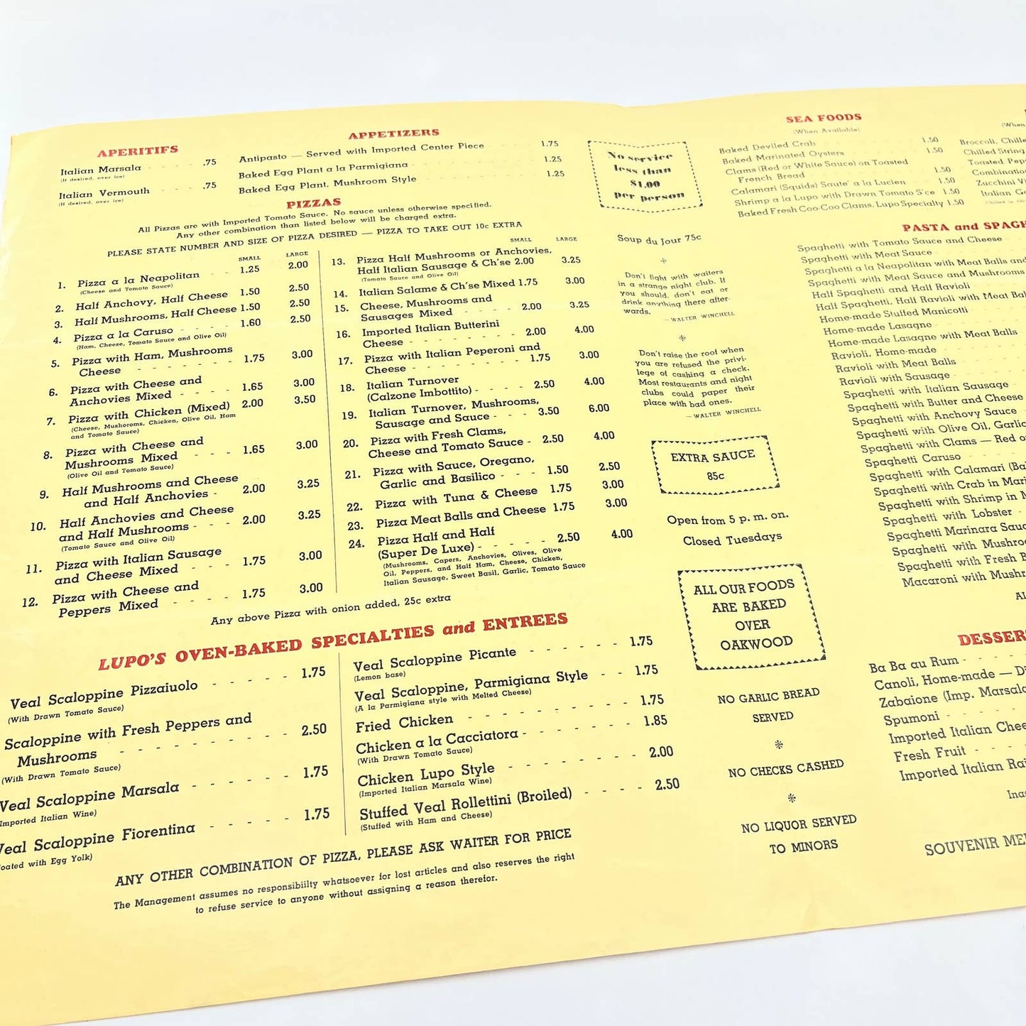 1961 Lupo's Neaoplitan Italian Restaurant Menu San Francisco CA FL3