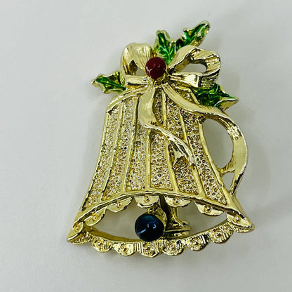 Vintage Gerry’s Enamel Christmas Bell Holly Pin Brooch Gold Tone SB2