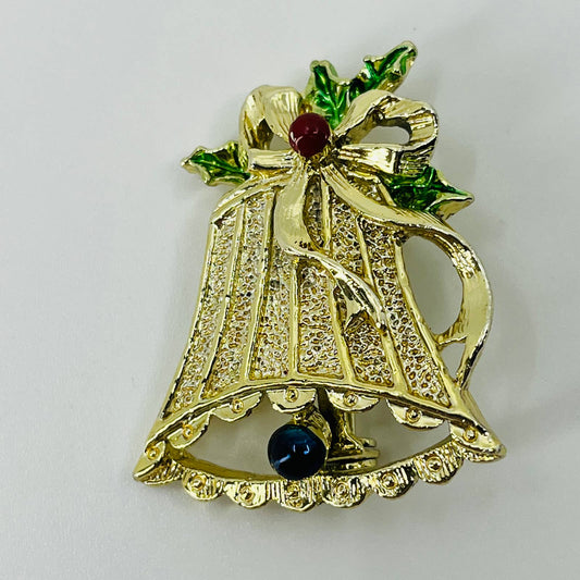 Vintage Gerry’s Enamel Christmas Bell Holly Pin Brooch Gold Tone SB2