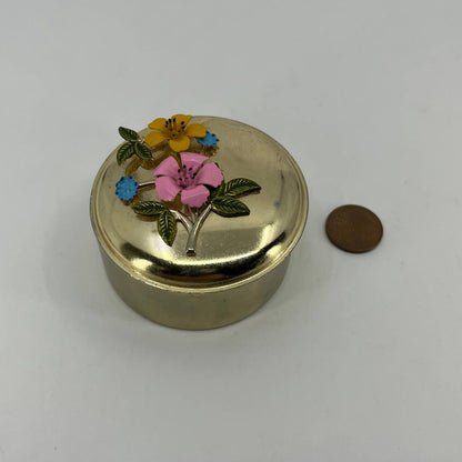 Vintage Brass Tone Enamel Flower Trinket Box Made in Korea 2.5” SC4