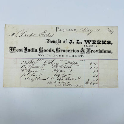 1869 J.L. Weeks West India Goods Groceries Provisions Portland ME Billhead AA5