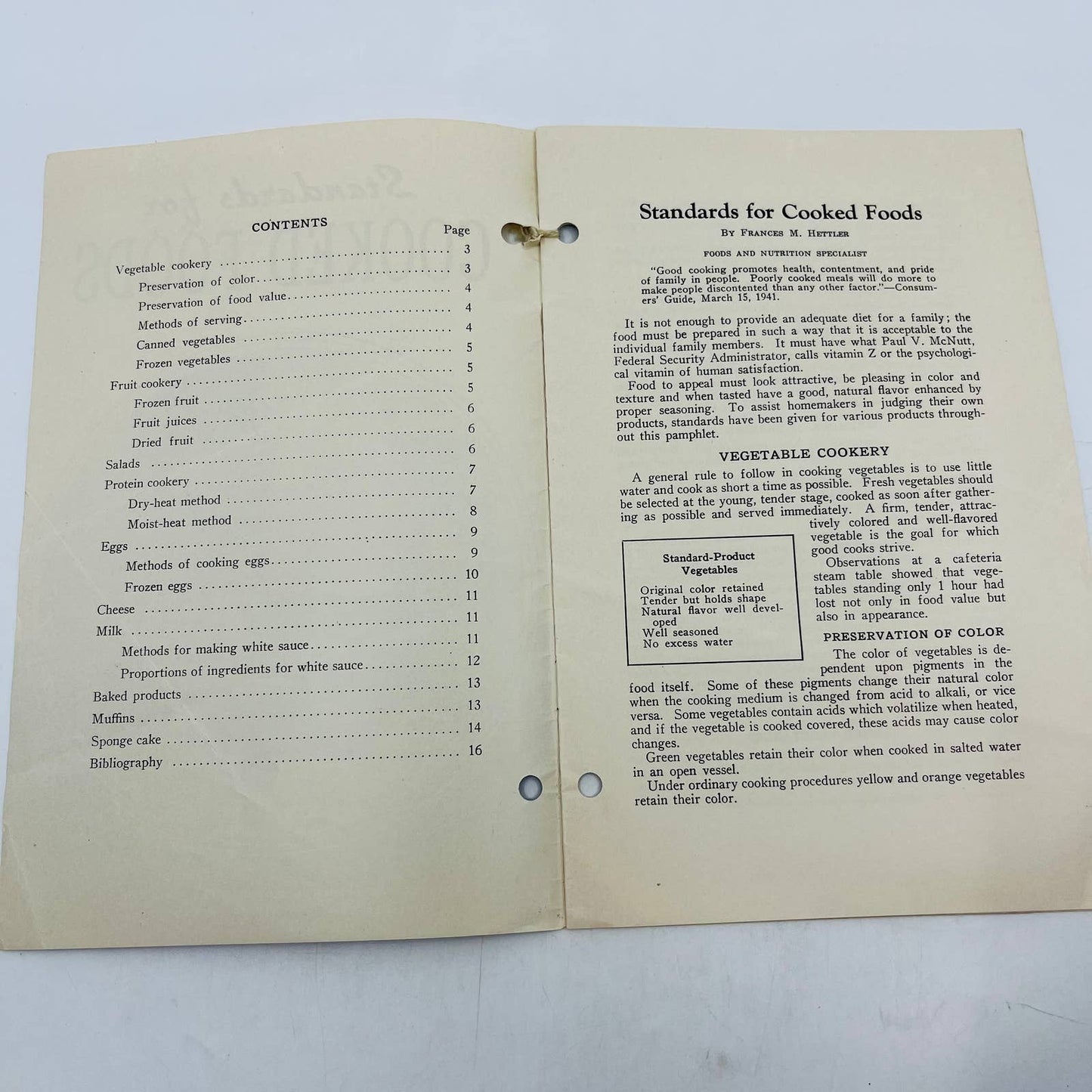 1941 Standards for Cooked Foods Booklet Ames IA Agricultural Extension EA4