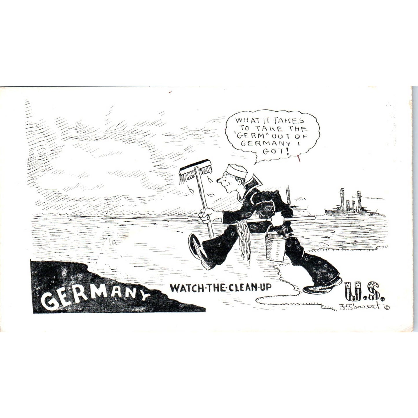 c1942 WWII Navy Humor Cartoon Germany Cleanup Postcard TK1-26