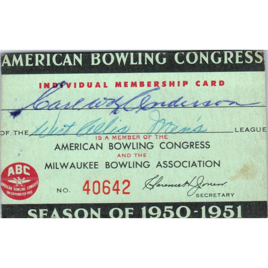 1950 American Bowling Congress Milwaukee Membership Card West Men's SE5-36