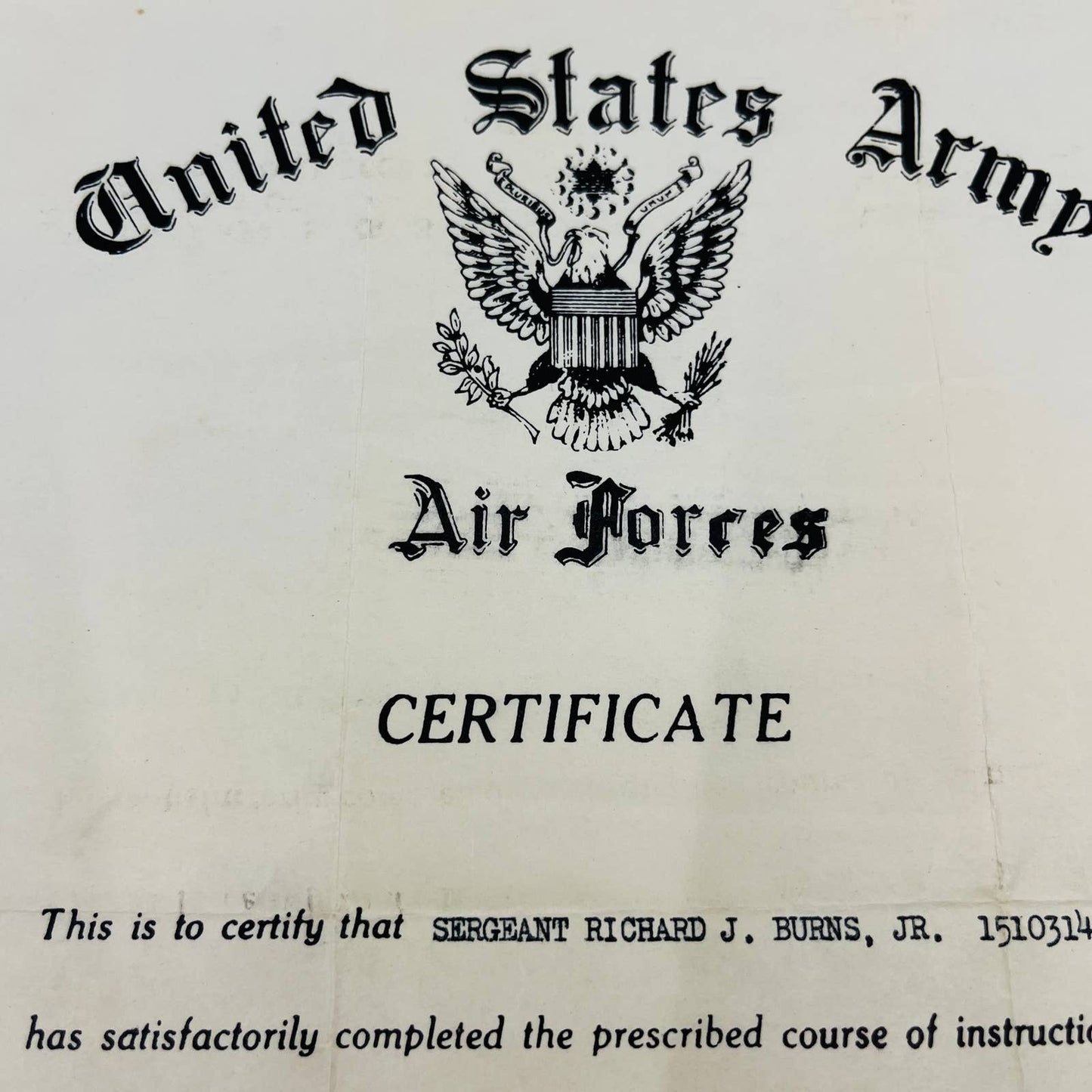 1942 WWII US Air Force Certificate Sgt Richard Burns D-8 Bombsight  TD5