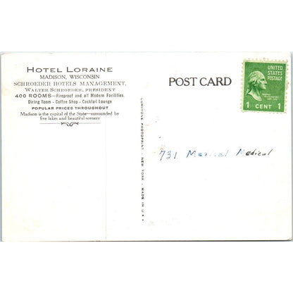 Hotel Loraine Madison Wisconsin Walter Schroeder Original Postcard TJ9-P3