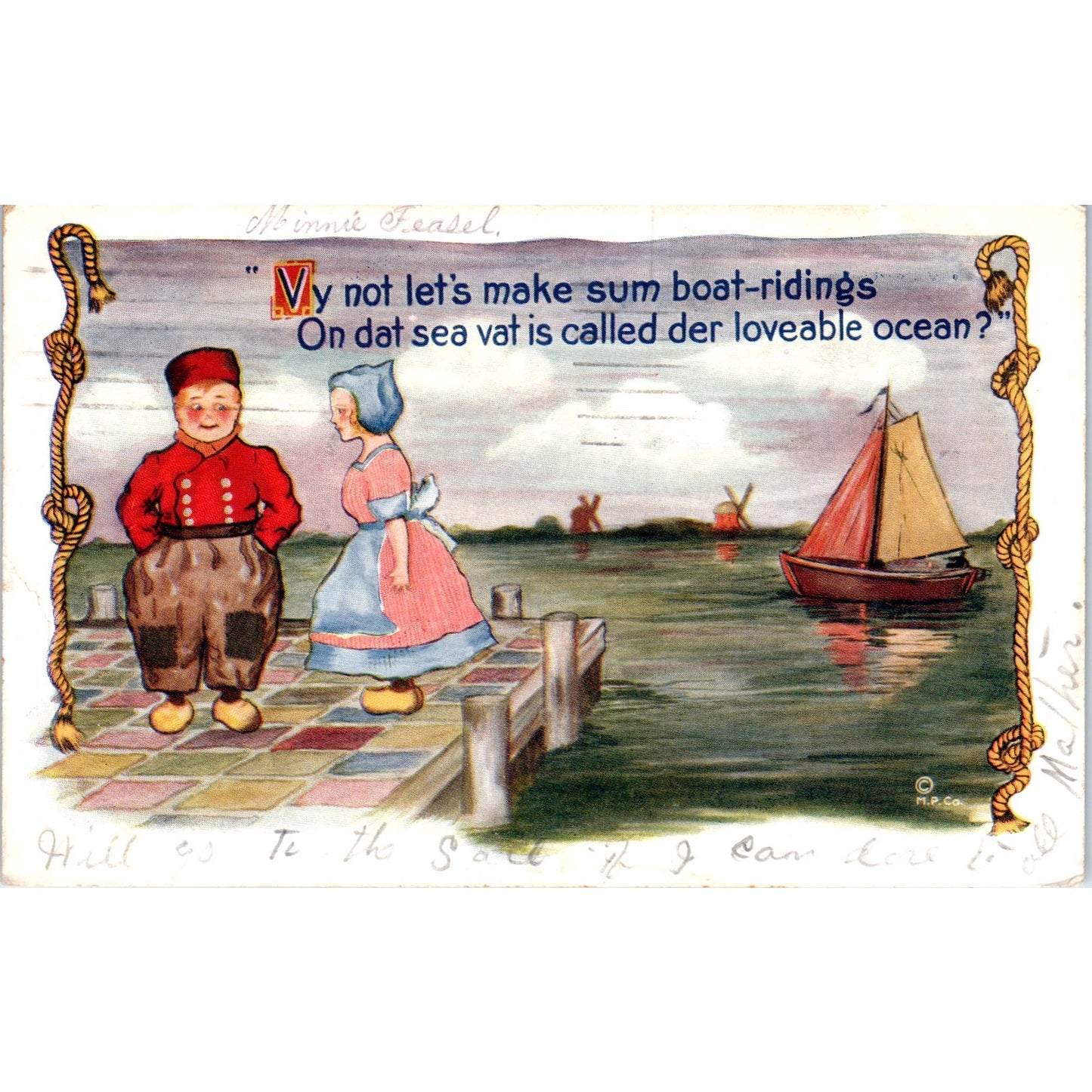 1912 Dutch Cartoon Sailboat Riding Original Postcard P1-13