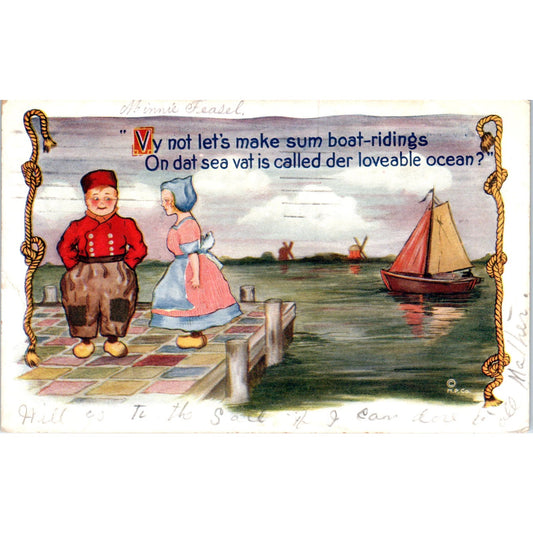 1912 Dutch Cartoon Sailboat Riding Original Postcard P1-13