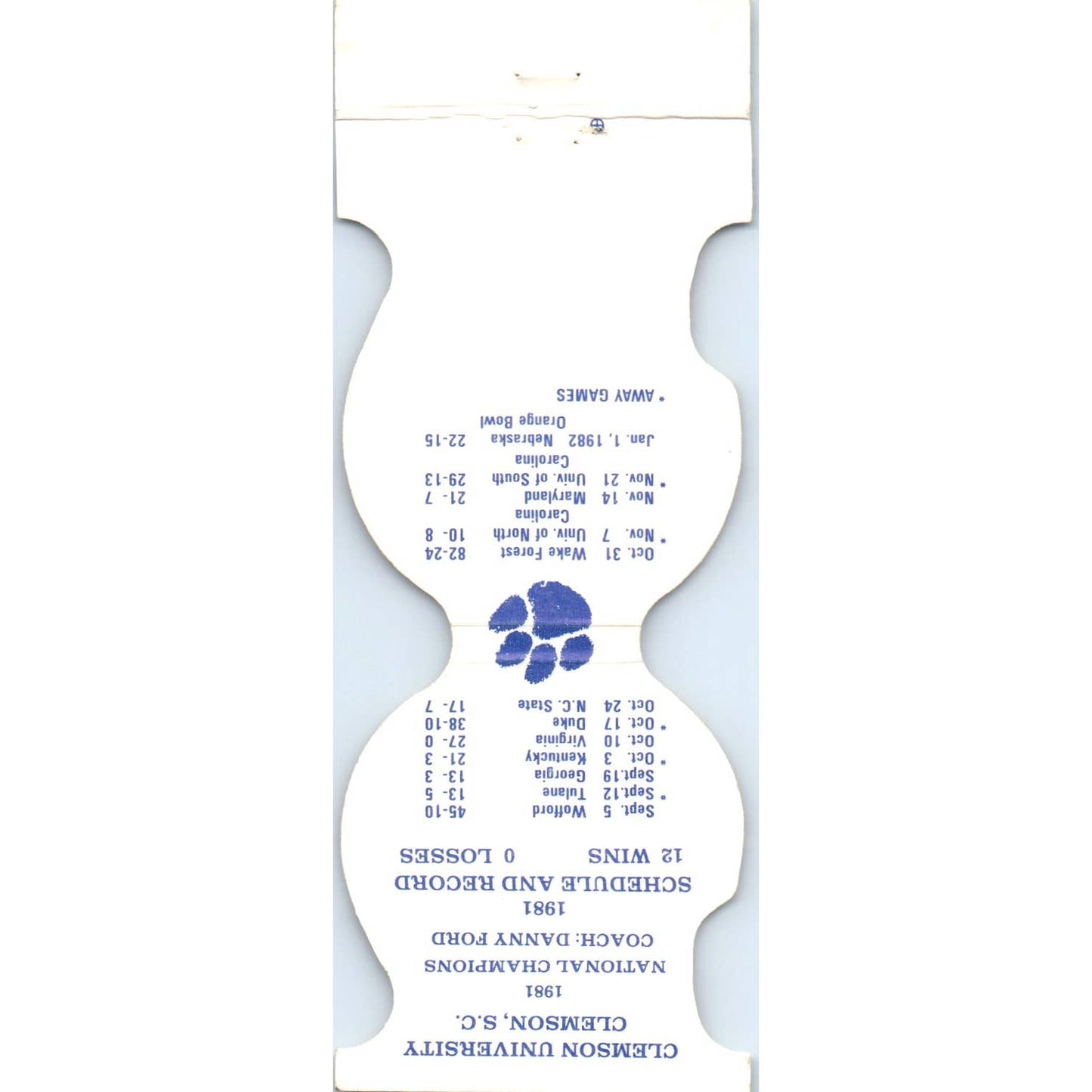 1981 Clemson Football National Champions Schedule Matchbook Cover SA1-M4