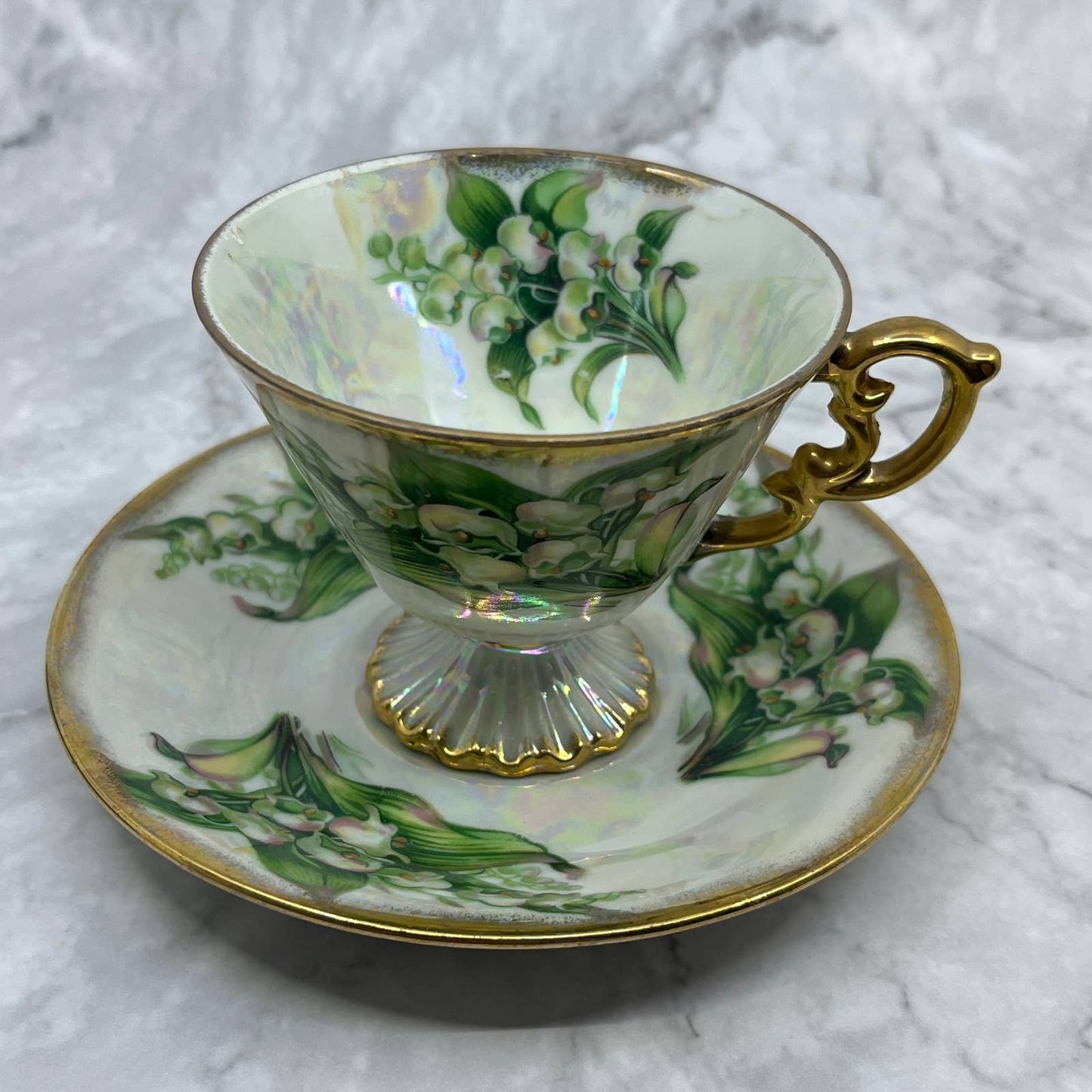 Vtg Tea Cup Saucer Ucagco Lily of Valley Japan Lusterware Gold Hand Painted TA7