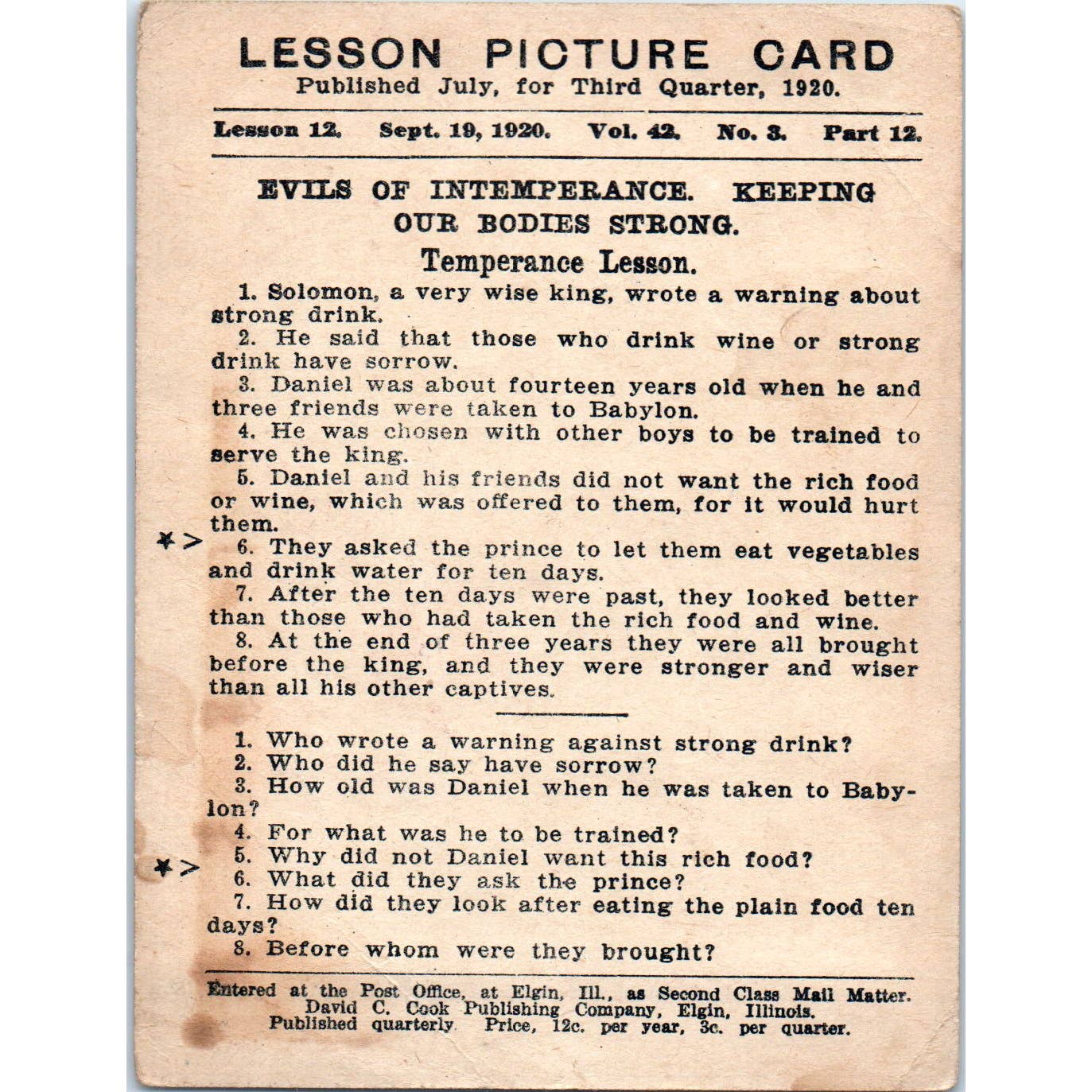 1920 Christian Lesson Picture Card Evils of Intemperance Prov. 23 Cor. 16:13 SE5