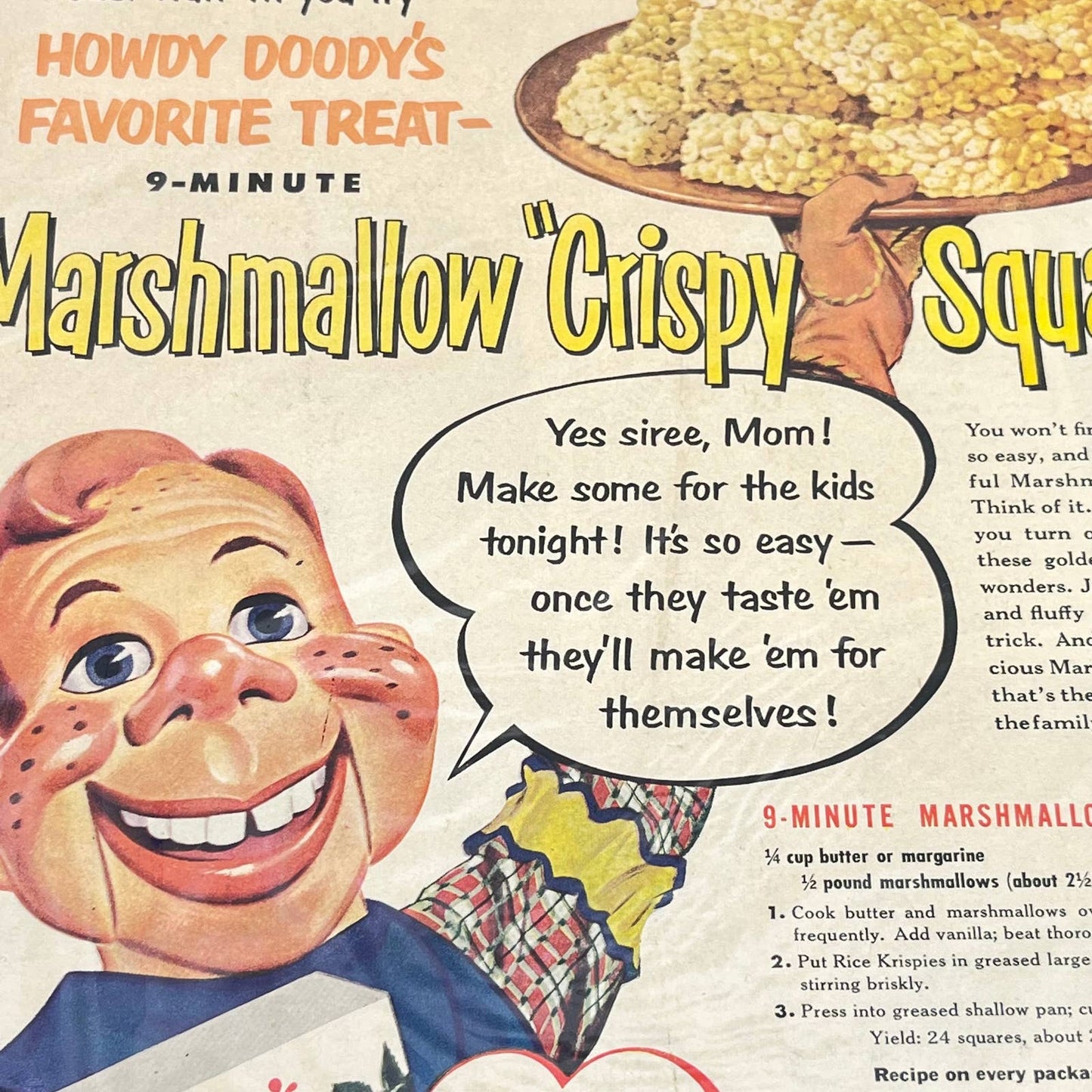 Vintage Howdy Doody Rice Krispies Marshmallow Squares Ad 11x14” FL3