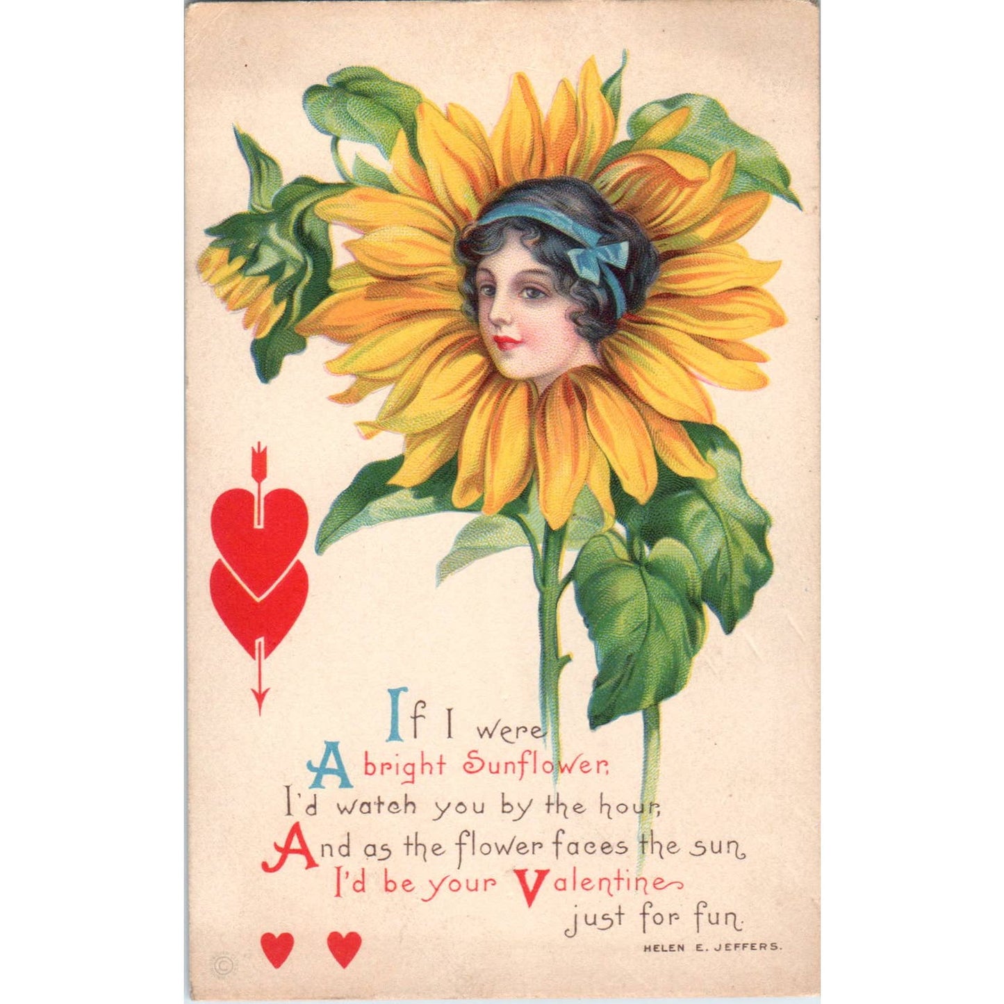 Face in Flower Sunflower Valentine Helen E Jeffers 1923 Original Postcard TK1-27