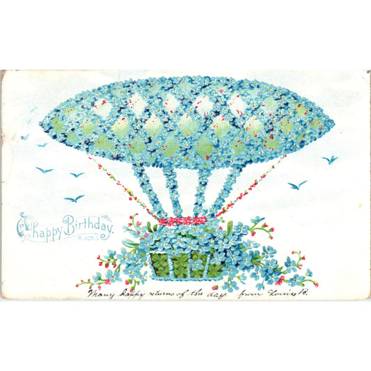 Happy Birthday Hot Air Balloon Forget Me Not 1907 Original Postcard P1-15