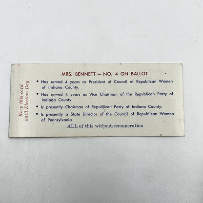 1960s Political Ad Card Verna Z. Bennett Alternate Delegate Republican RNC SC3