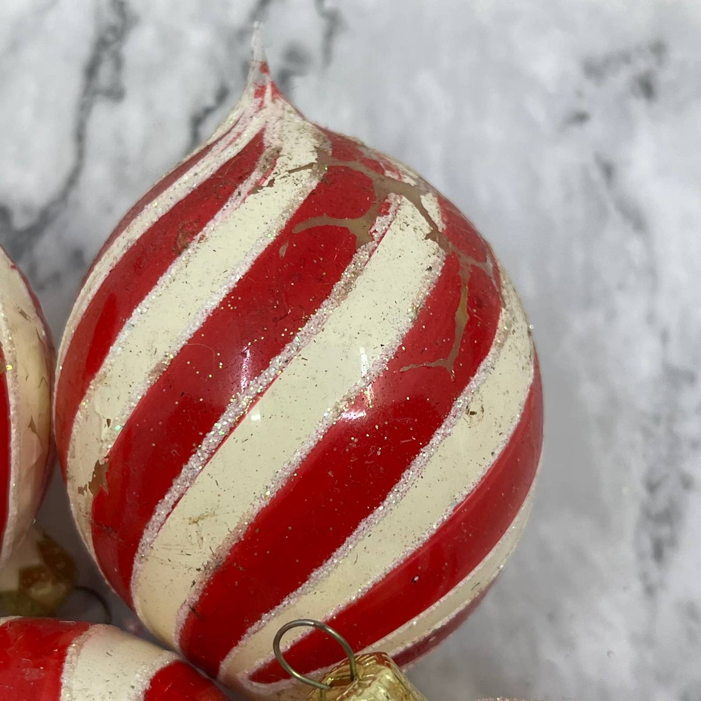 Lot of 4 Candy Cane Striped Mica Stencil Blown Mercury Glass Ornaments OT2