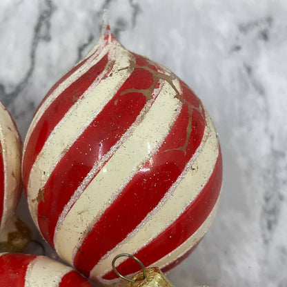 Lot of 4 Candy Cane Striped Mica Stencil Blown Mercury Glass Ornaments OT2