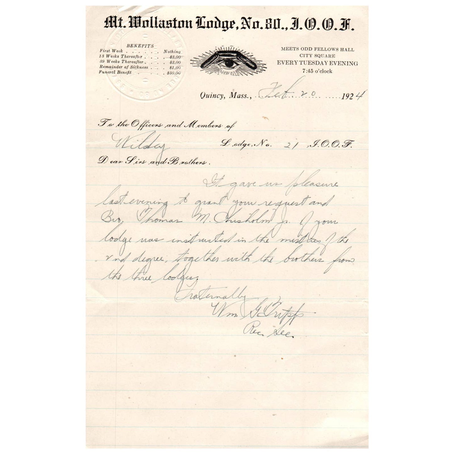 1924 Mt. Wollaston Lodge No 80 IOOF Letterhead Quincy MA AD1