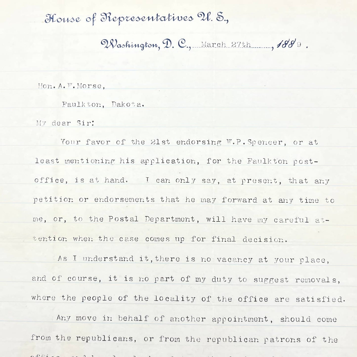 1886 House of Representatives Letterhead Signed by Rep George Mathews of GA AB7