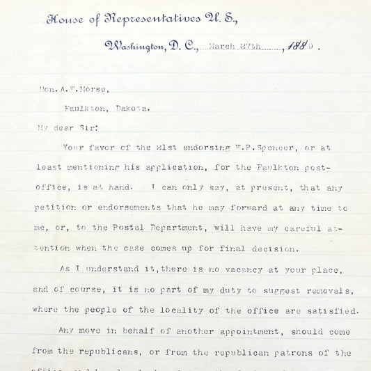 1886 House of Representatives Letterhead Signed by Rep George Mathews of GA AB7