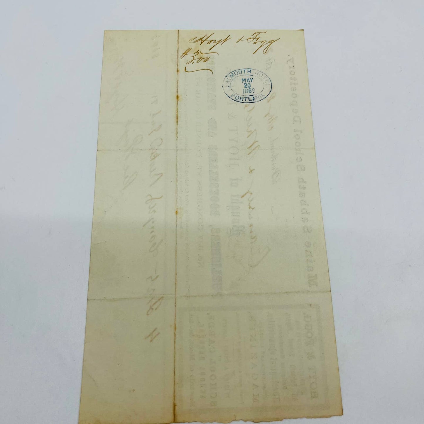 1867 Hoyt & Fogg Falmouth Hotel Stamp Portland ME Billhead Letterhead AA4