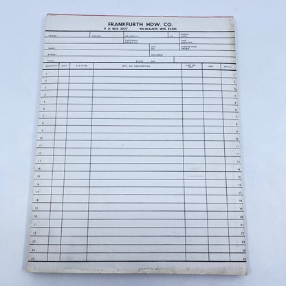 1960s Frankfurth Hardware Co. Milwaukee WI Blank Order Form Tablet TF9-1