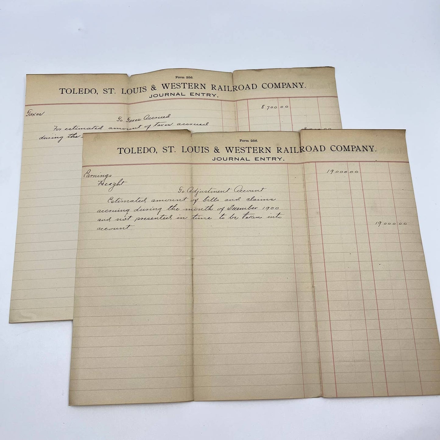 1900 Toledo, St. Louis & Western Railroad Company Journal Entry Lot of 2 AB2-6