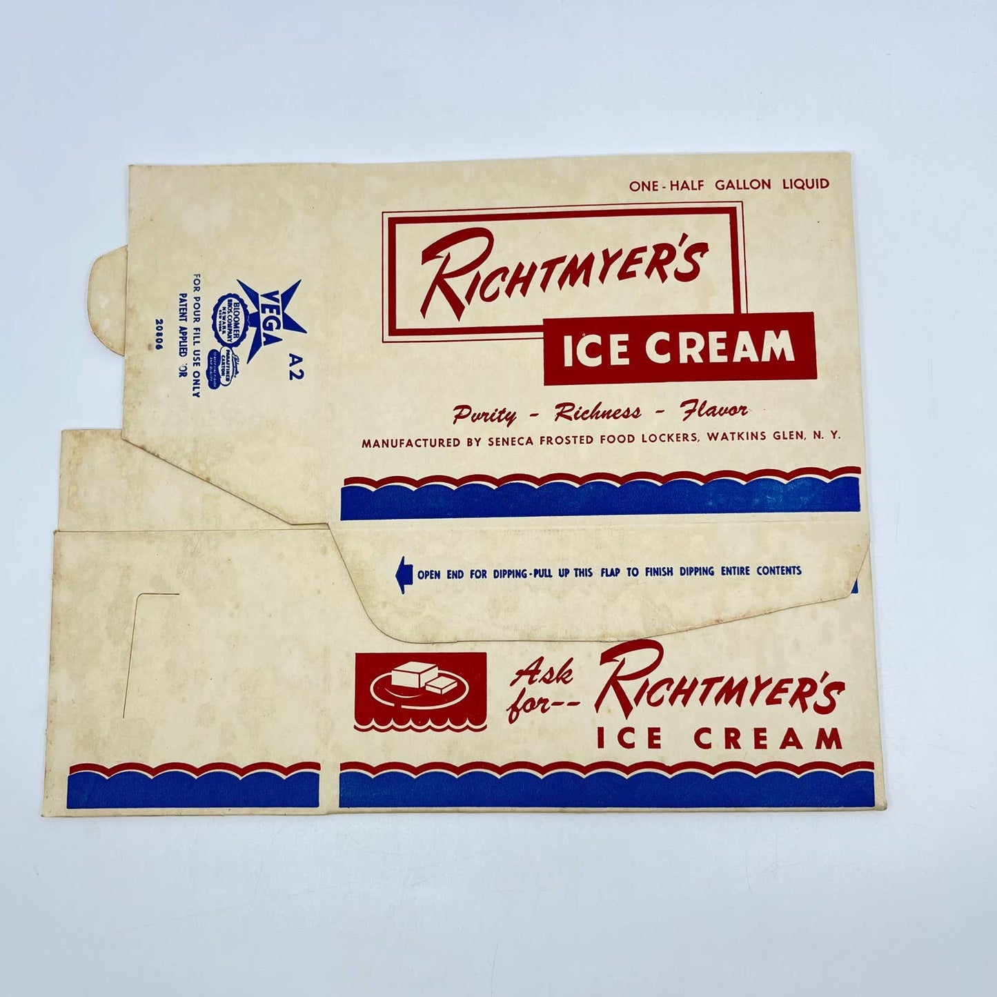 1940s Richtmyer’s Ice Cream Box Seneca Frosted Food Lockers Watkins Glen NY TE4