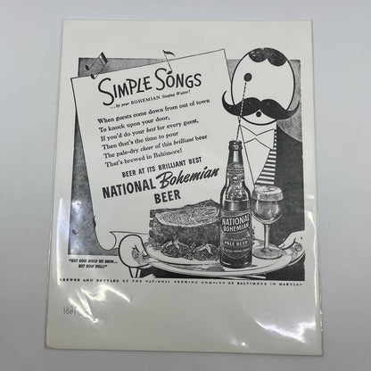 Vintage Simple Songs National Bohemian Beer Ad from Original Plate with COA FL3