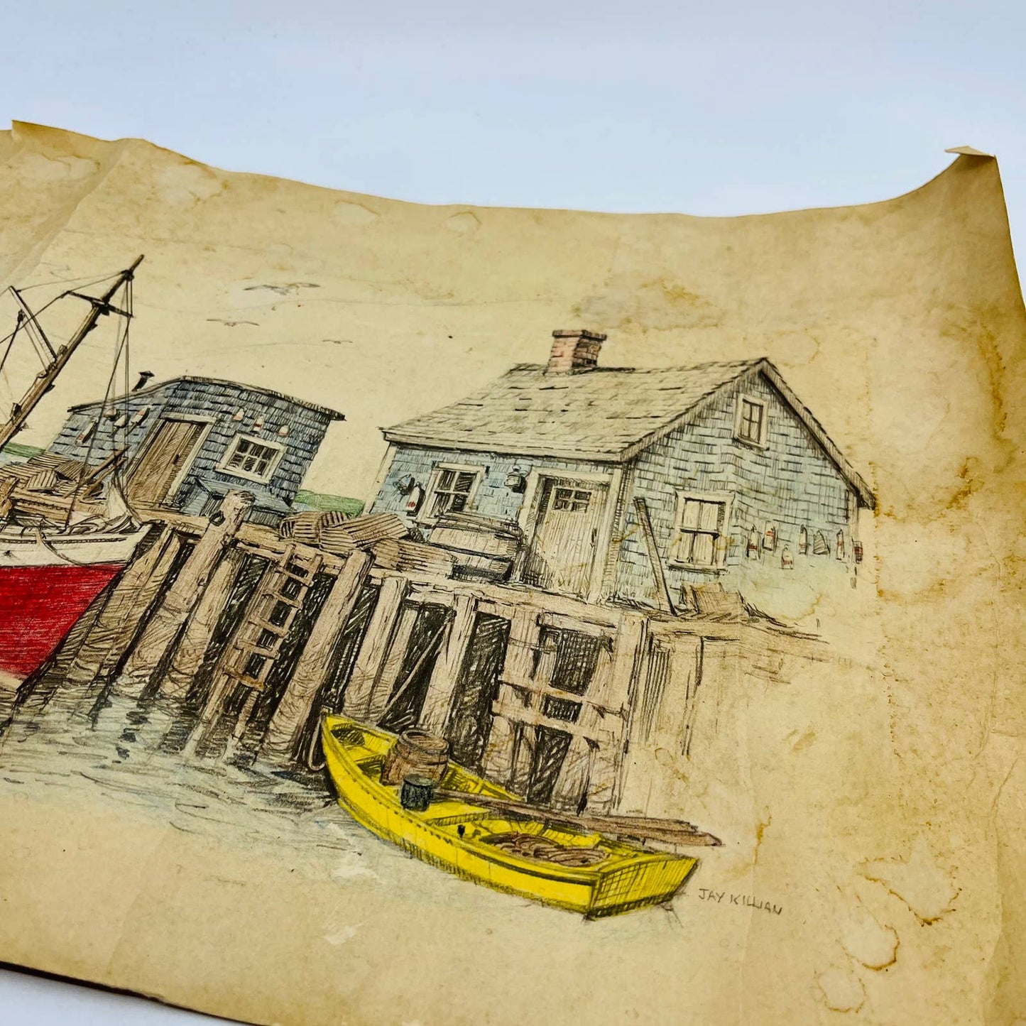 Vintage Original Sketch Pencil Drawing Red Fishing Boat Jay Killian 12 x 17 TD6