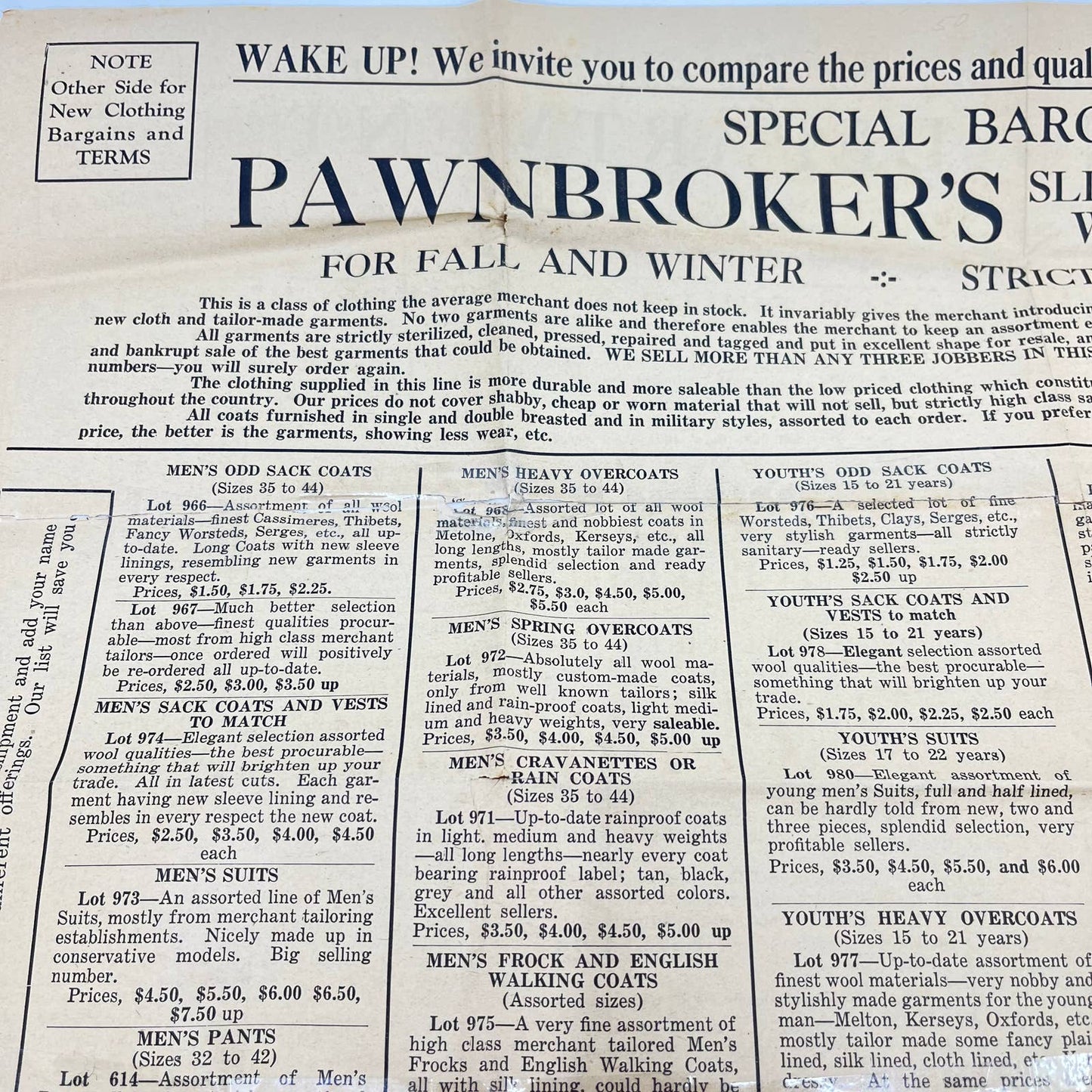 c1920 Schochet’s Clothing Exchange Pawnbroker Fold Out Price List Ad NYC NY AA8