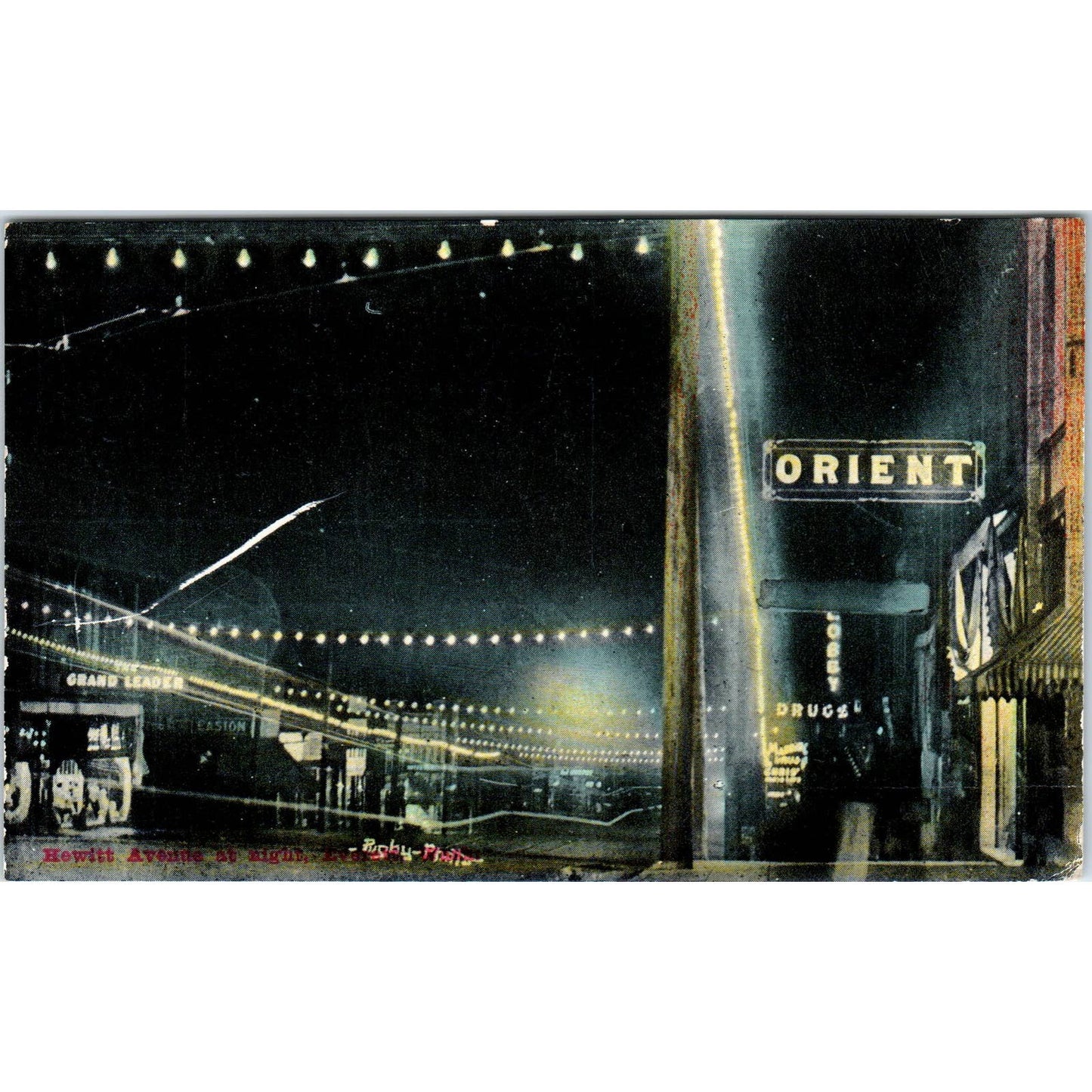 Vintage Postcard Hewett Ave At Night Everett Washington TD9