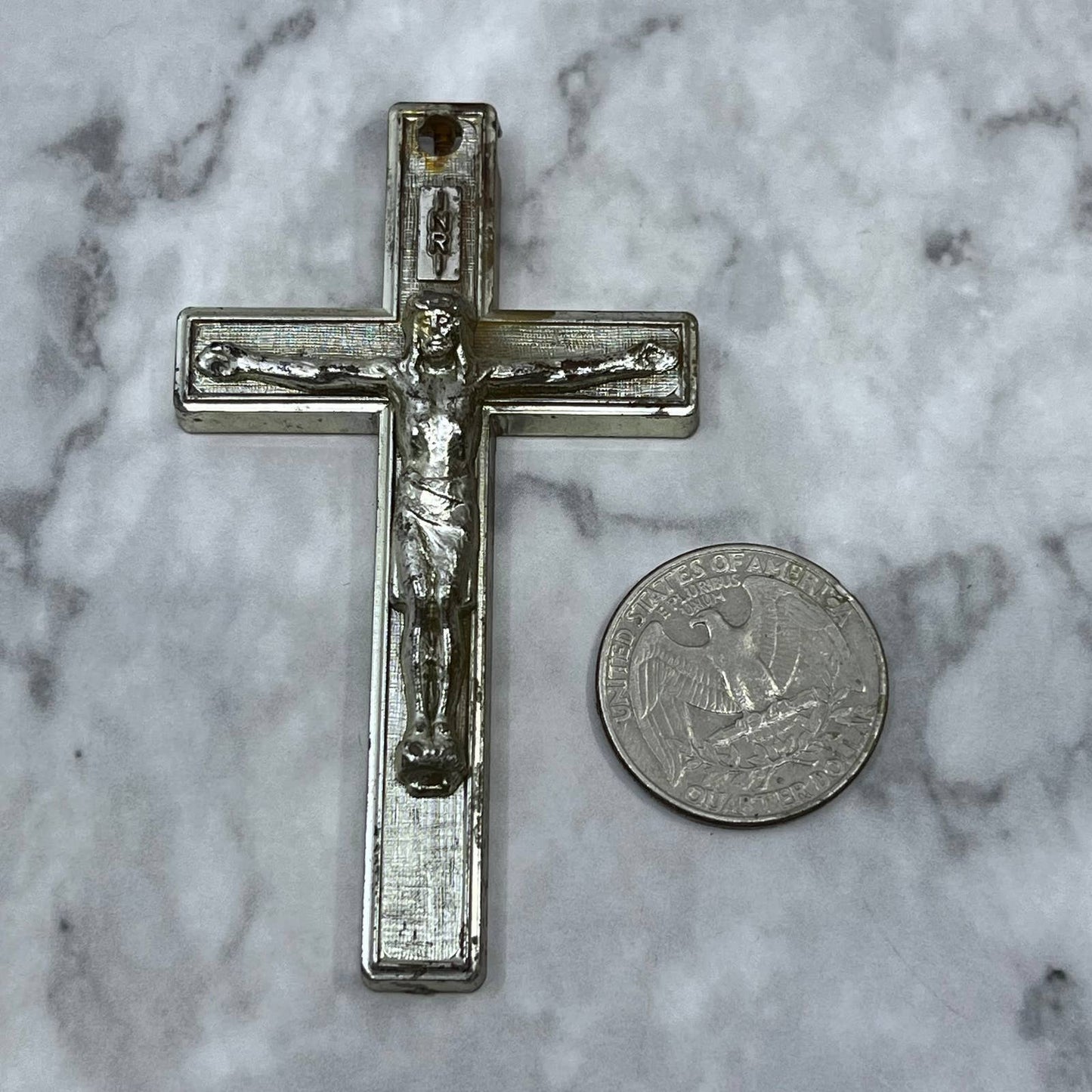 Vintage Celluloid Silver Tone Crucifix 3” SF1