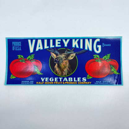 1940s Valley King Vegetable Crate Label, Elk, Buck, Stag San Francisco, CA FL3