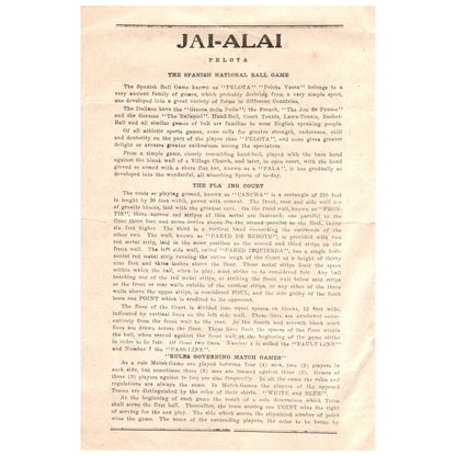 1930 Fronton Jai Alai Flyer Poster Schedule and Rules Concordia Street AD8