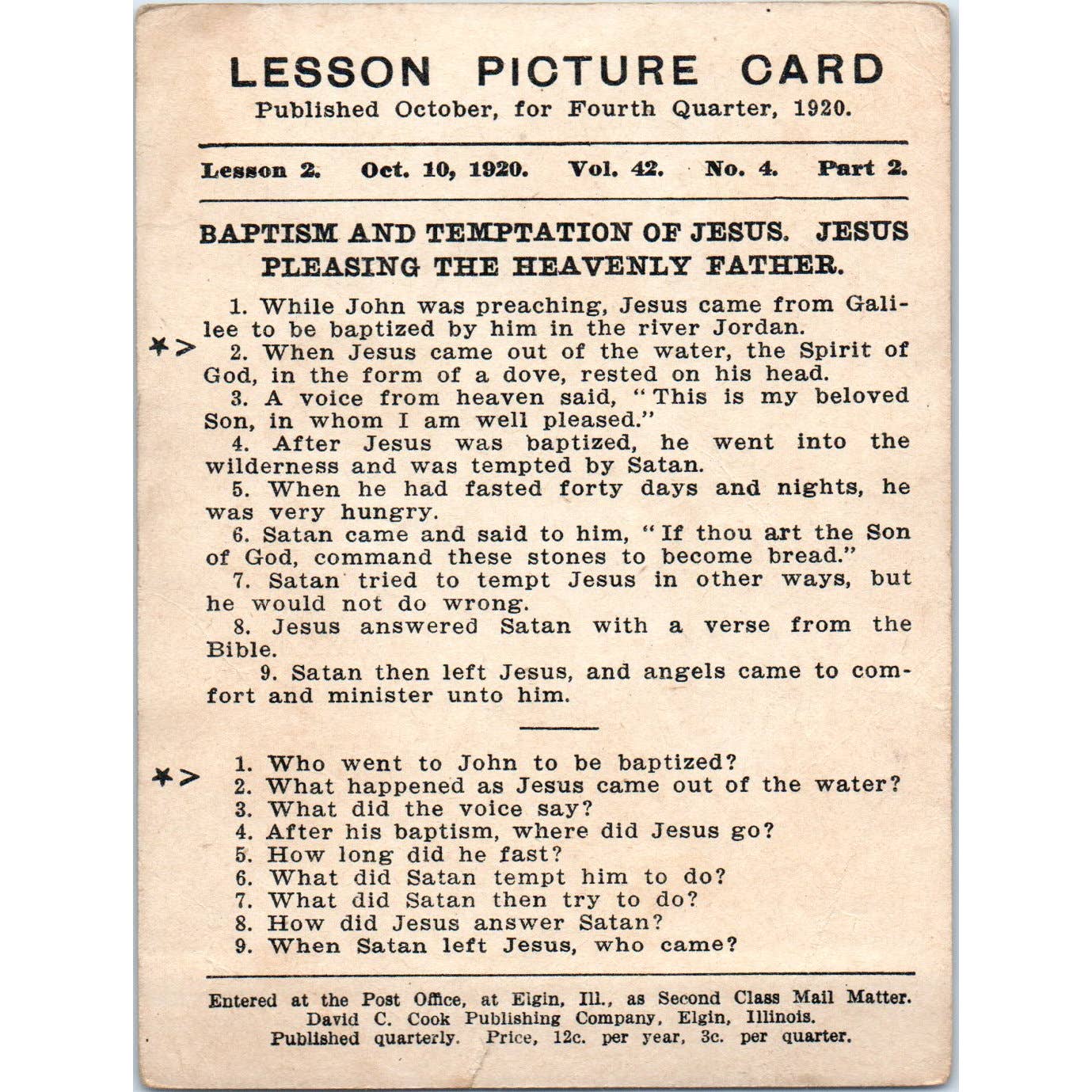 1920 Christian Lesson Picture Card Baptism and the Temptation of Jesus SE5