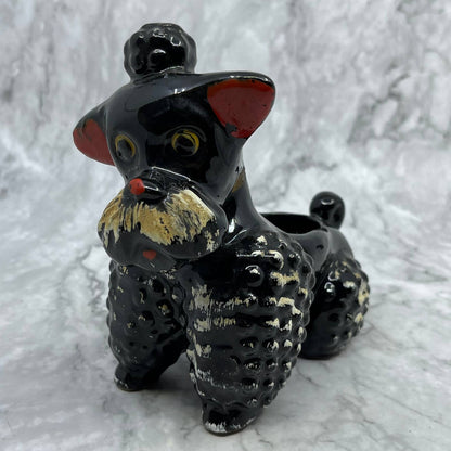 1950s Black Poodle Dog Planter Ceramic Redware Black And White 6x6.5 TJ1