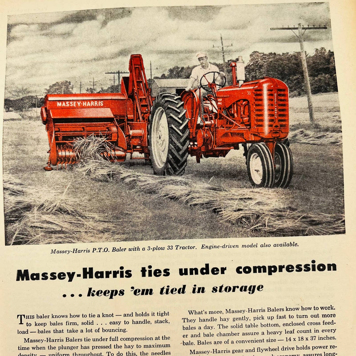 Vintage Advertisement MASSEY-HARRIS P. T. O. Baler 3-Plow 33 Tractor Red AA1
