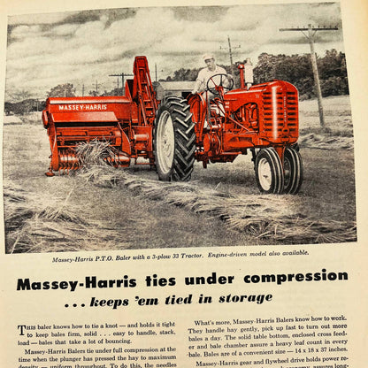Vintage Advertisement MASSEY-HARRIS P. T. O. Baler 3-Plow 33 Tractor Red AA1