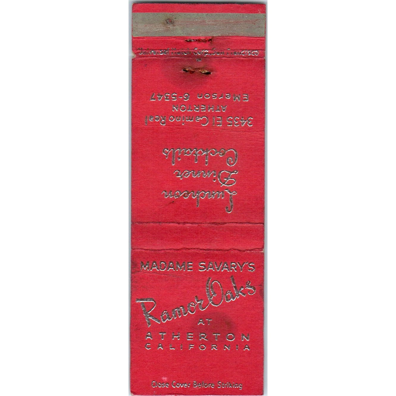 Madame Savary's Ramor Oaks at Atherton CA Advertising Matchbook Cover MM9-9