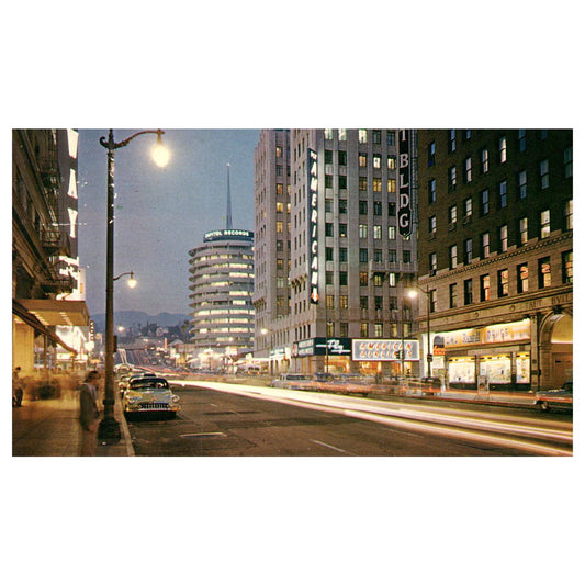 Vintage Postcard- Corner of Hollywood and Vine at Night Hollywood California AD9