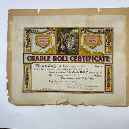 1923 Cradle Roll Certificate Mary Ruth Earhart Markle IN Rev F.F. McClure FL4