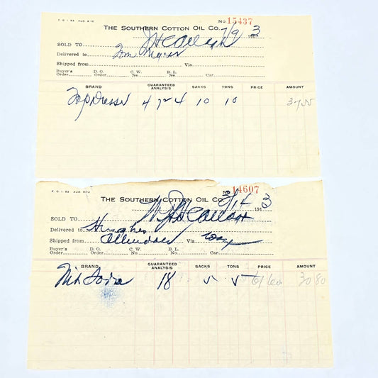 1913 Southern Cotton Oil Company Letterhead Receipt Allendale SC Set of 2 AC3-1