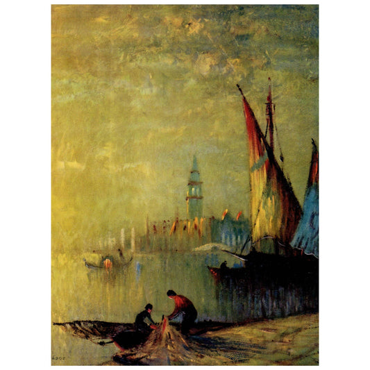 1950s Print EMBOSSED Ship Fisherman Venice Italy ~7.5x10" AC9